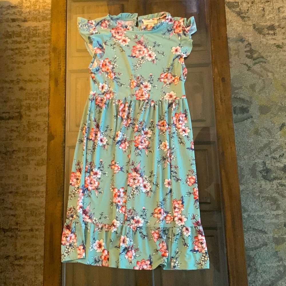 Teal pink flower dress, short sleeve